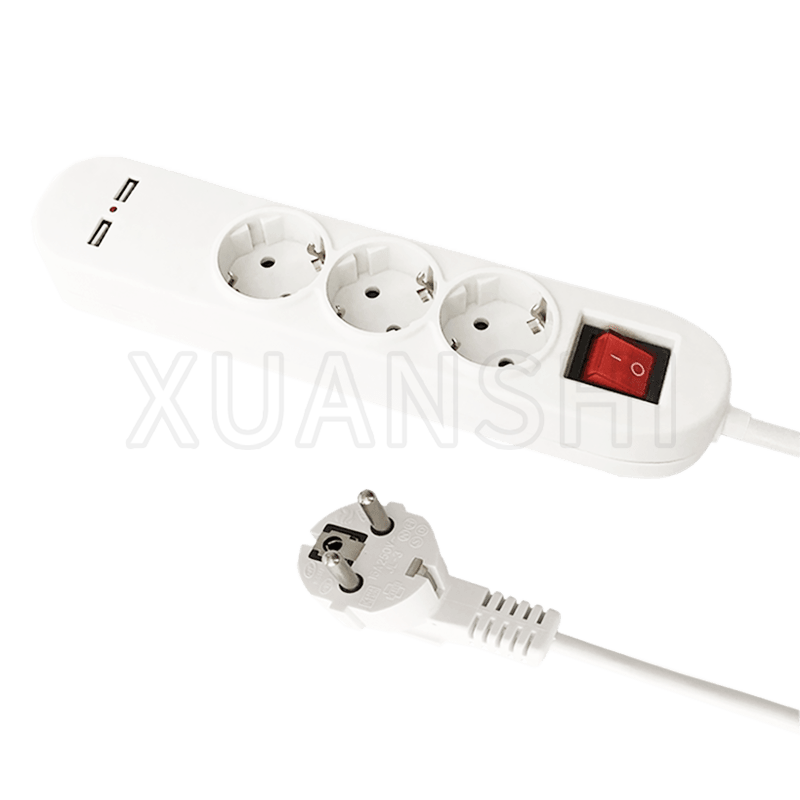 Europski trosmjerni produžni kabel s 2 USB-a i prekidačem JL-3,XS-XBDK30U